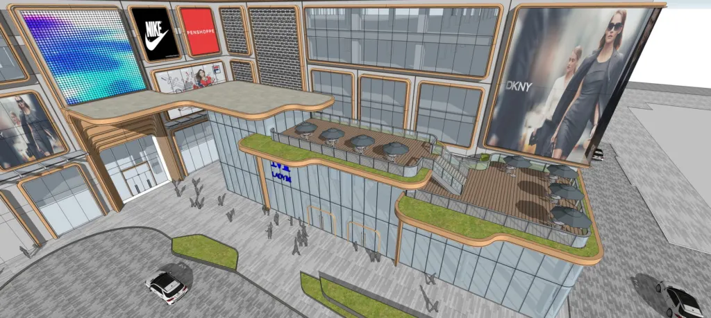 Model view of the Beijing APM renovation: new terraces with planting and timber decks stepping out from the facade over the street, between large brand billboards