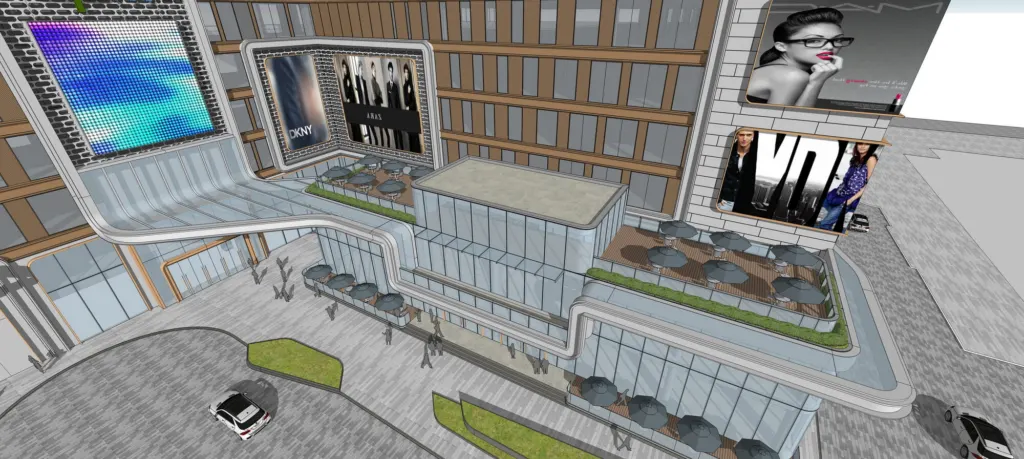 Model view of a second option for the Beijing APM terraces, with white frames and glazed balustrades across the facade