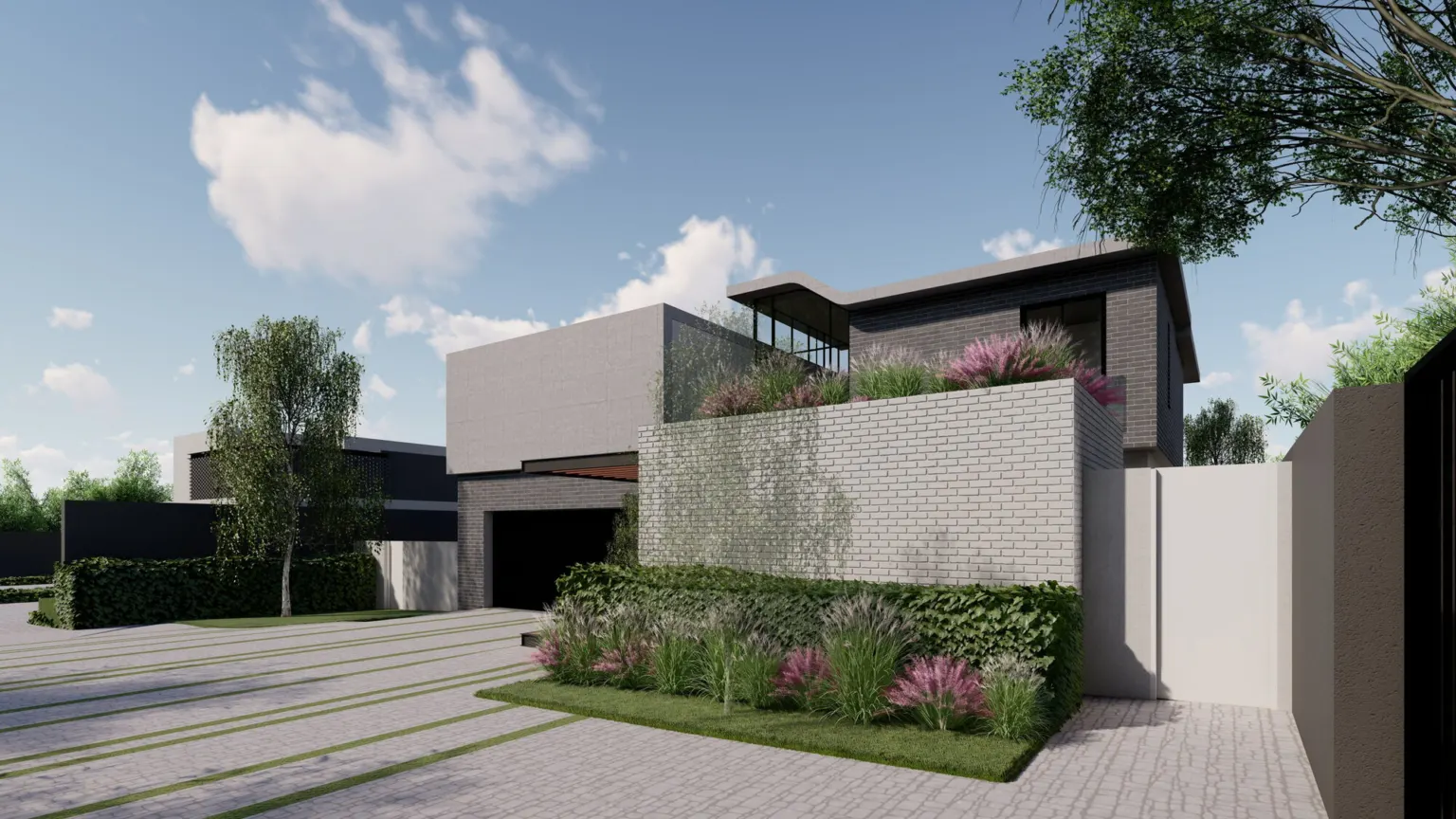 Render of House Chabedi from the driveway: a white face-brick planter wall full of grasses in front of the house, with the garage set back behind it