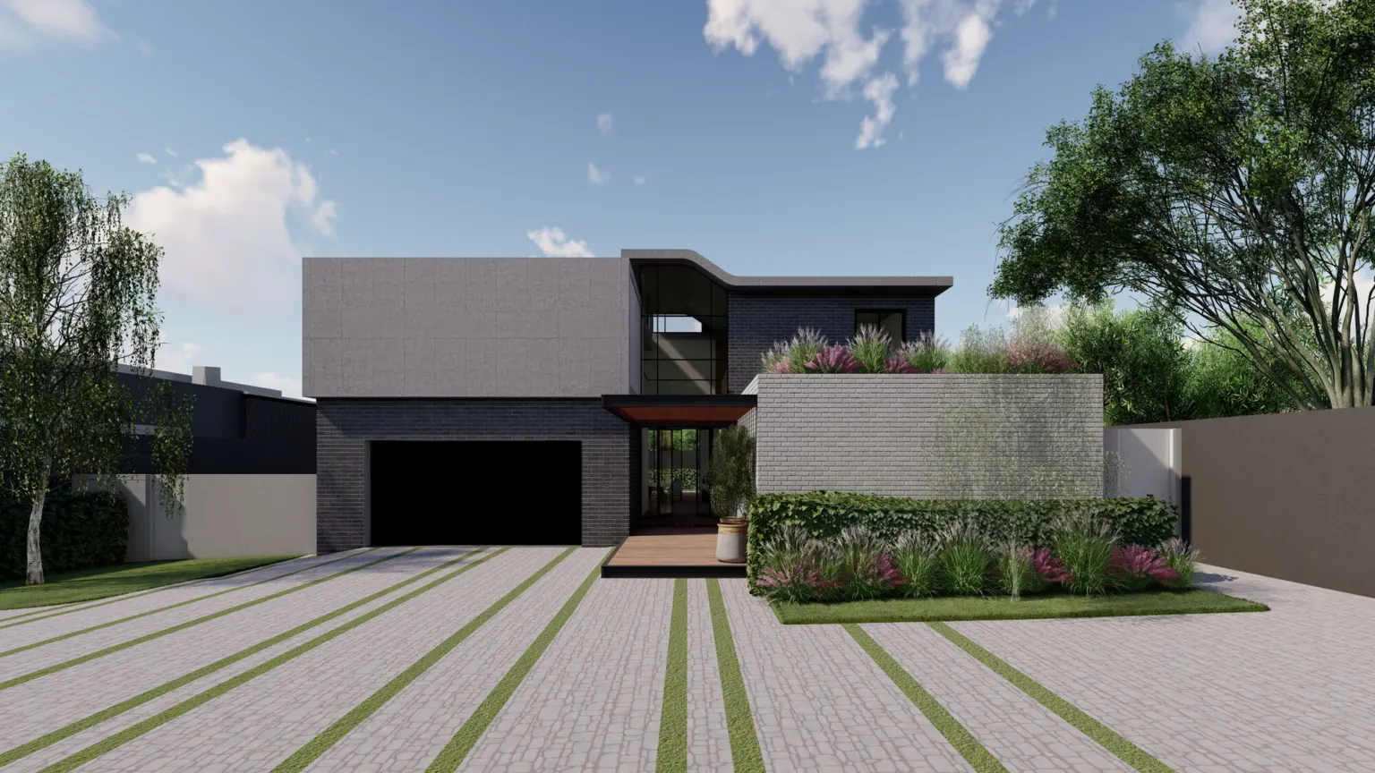 Render of House Chabedi from the street: a dark brick garage wing, a planted box above the front door and a paved driveway with grass strips