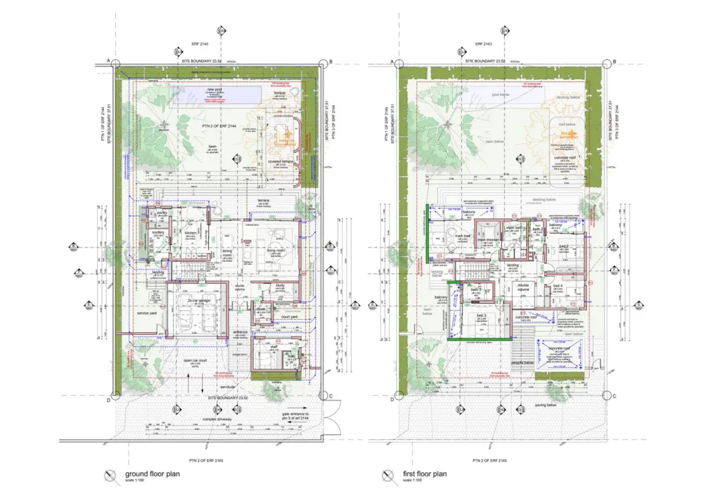 Ground and first floor plans of House Chabedi, with new walls in green and dimensions, on a site plan with garden and pool