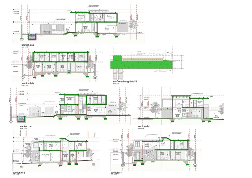 Sections and a roof overhang detail for House Chabedi, new work in green