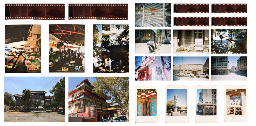 A sheet of film photographs of a Chinatown: shopfronts, a red and gold archway and street scenes