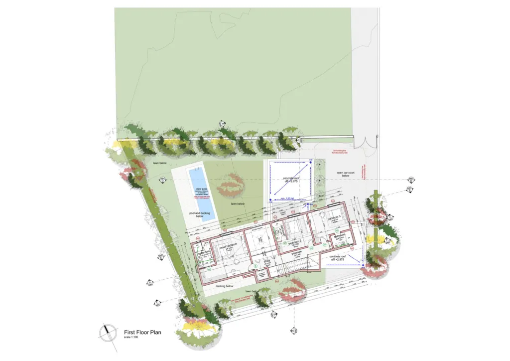 First floor plan of House Greeff on its site
