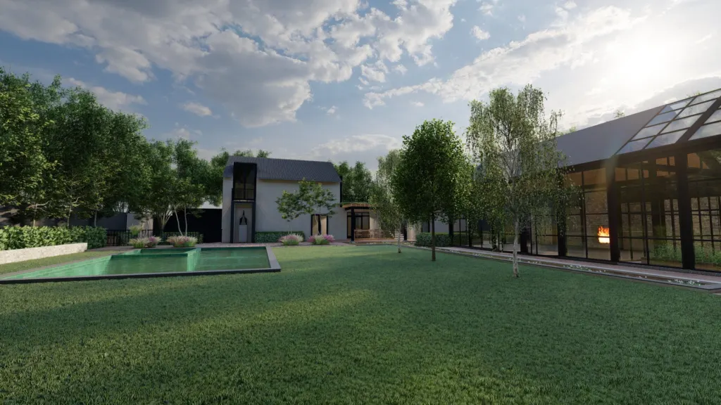 Render of House Greeff's lawn, with a pool and a glass conservatory along one side of the garden