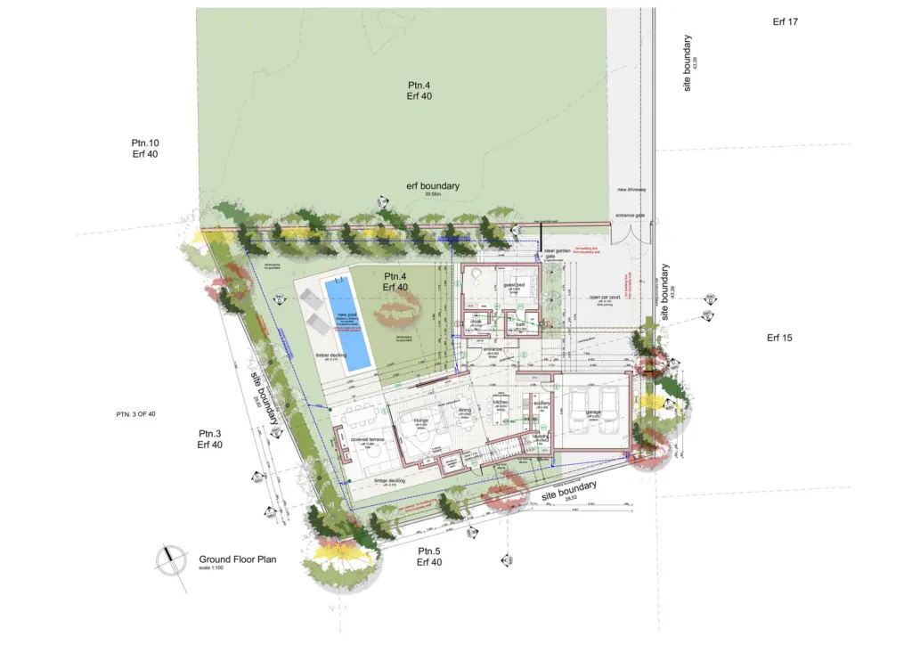 Ground floor plan of House Greeff on its site, showing the pool, garden planting and boundaries