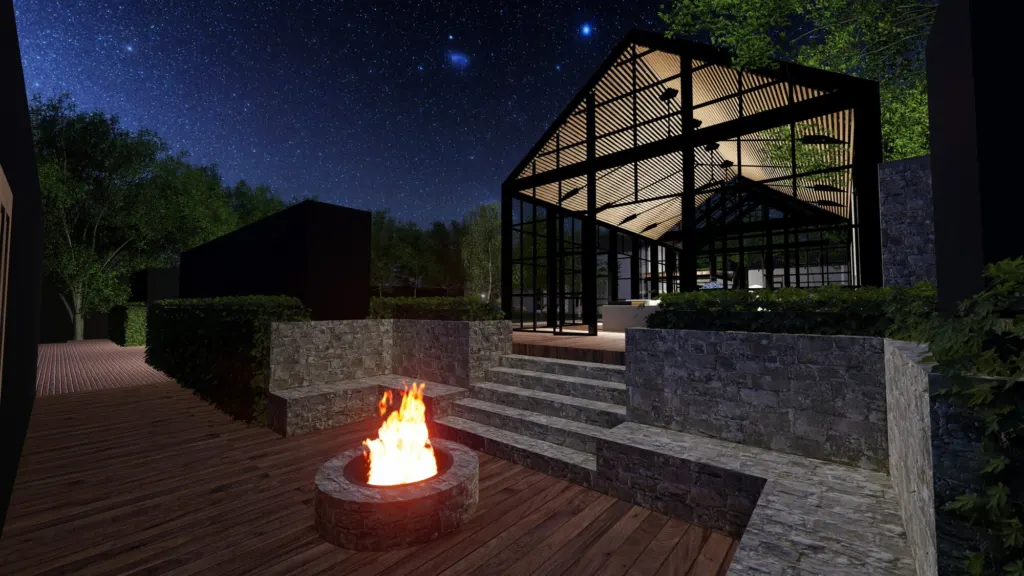Night render of a glazed steel garden pavilion at House Greeff, with stone steps and a fire pit on the deck