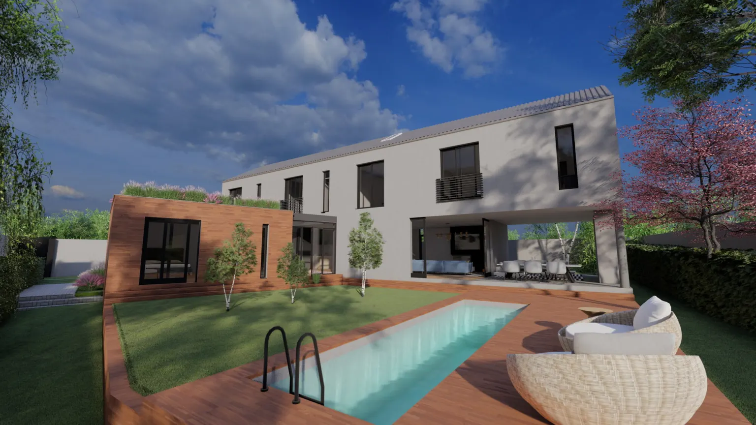 Render of House Greeff's garden side, with a narrow pool, timber deck and a timber-clad living wing