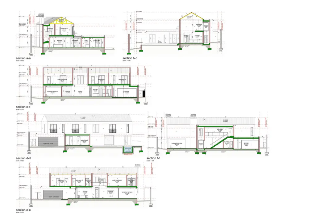 Sections through House Greeff, new work in green