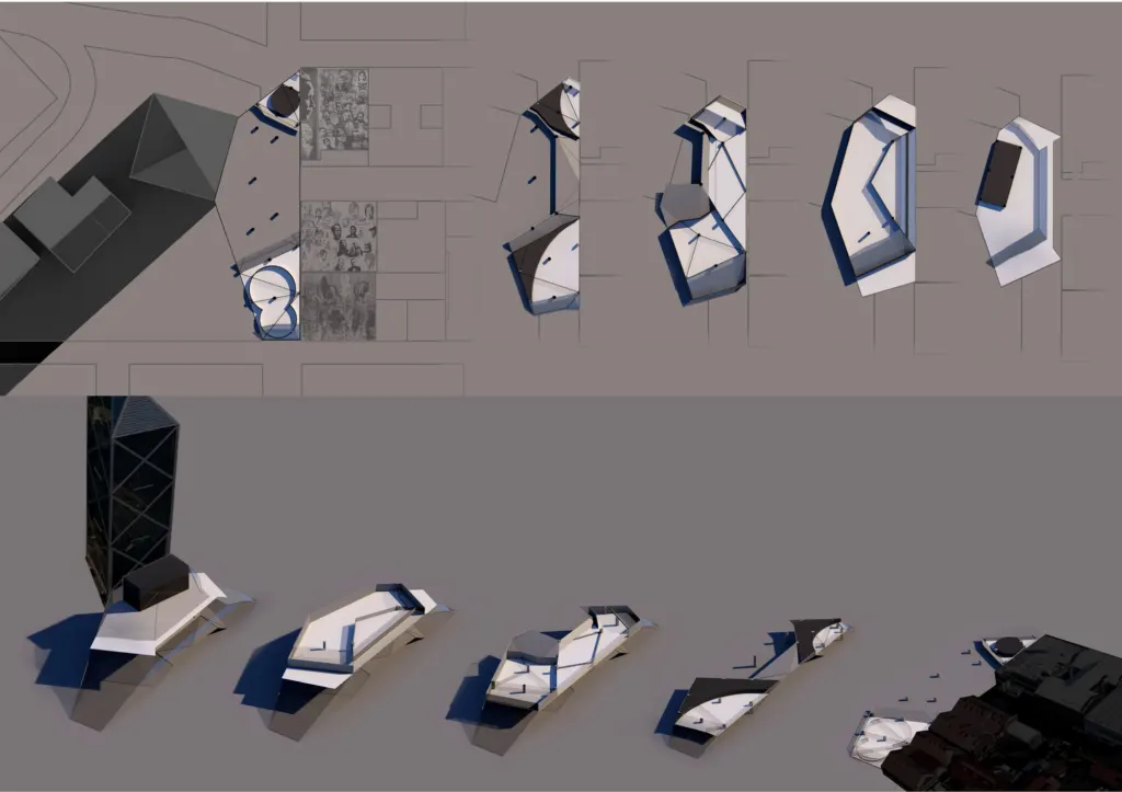 Model views of sculptural buildings for the island's centre, white forms with blue faces