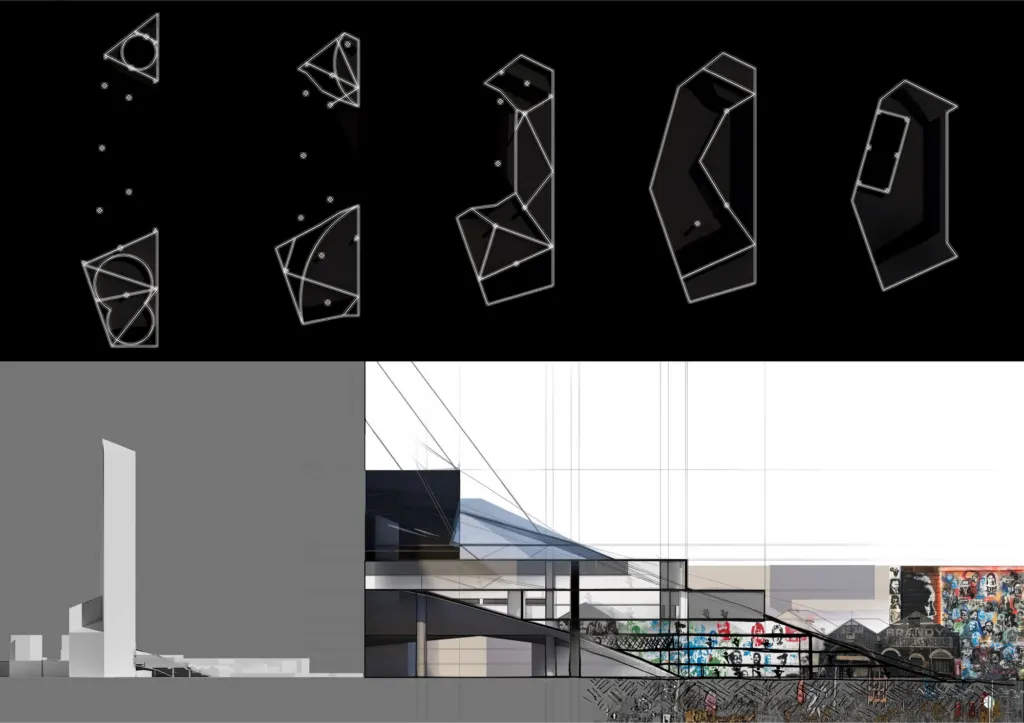 Diagrams of how the island's building forms were generated, above a collaged section with graffiti