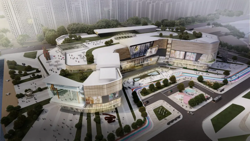 Aerial render of a large shopping mall with a white curved roof pavilion, terraces and screens, among high-rise apartment blocks