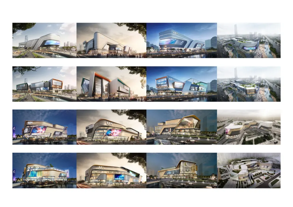 A grid of sixteen facade concept renders for Zhangjiagang Jinmao Mall, four concept directions in four views each