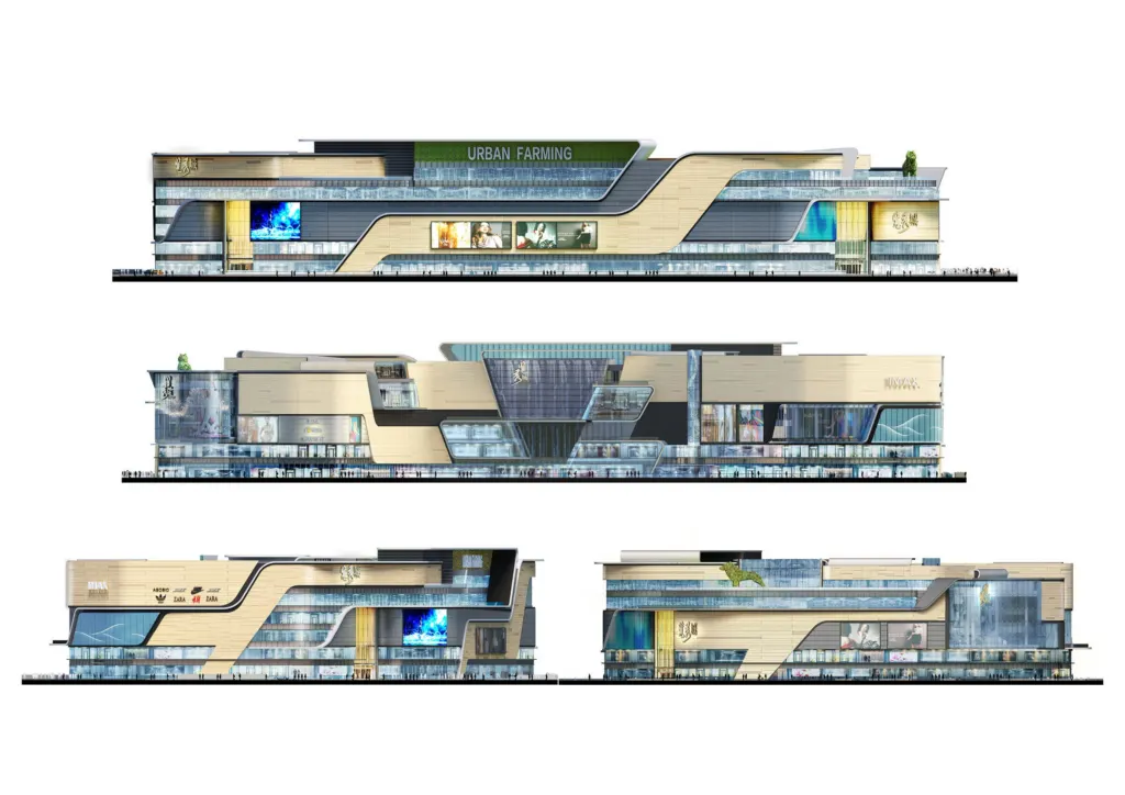 Four facade elevations of Zhangjiagang Jinmao Mall in colour, showing the bands, screens and an urban farming level