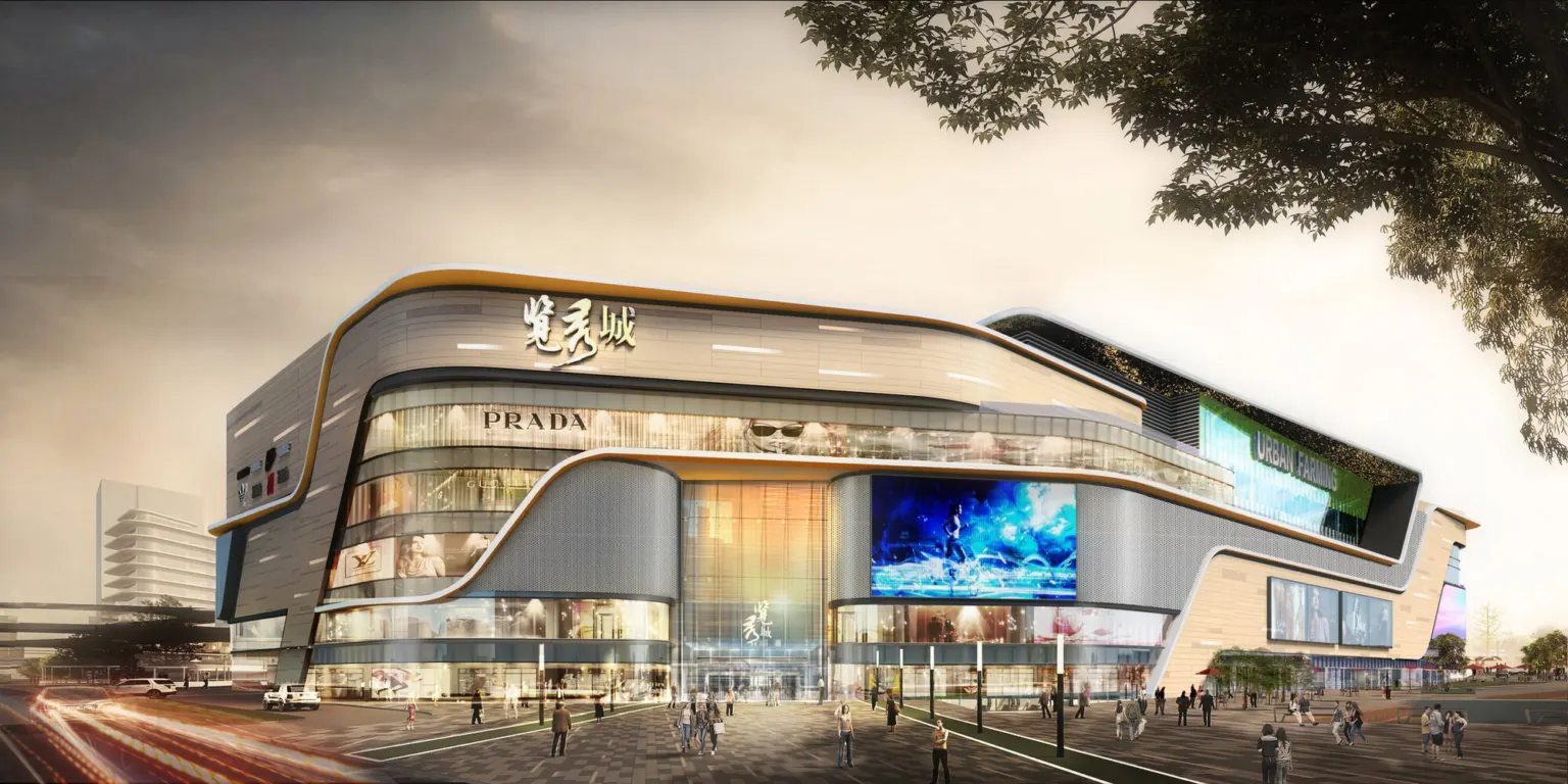 Dusk render of Zhangjiagang Jinmao Mall's southwest corner, with curved horizontal bands and a large media screen