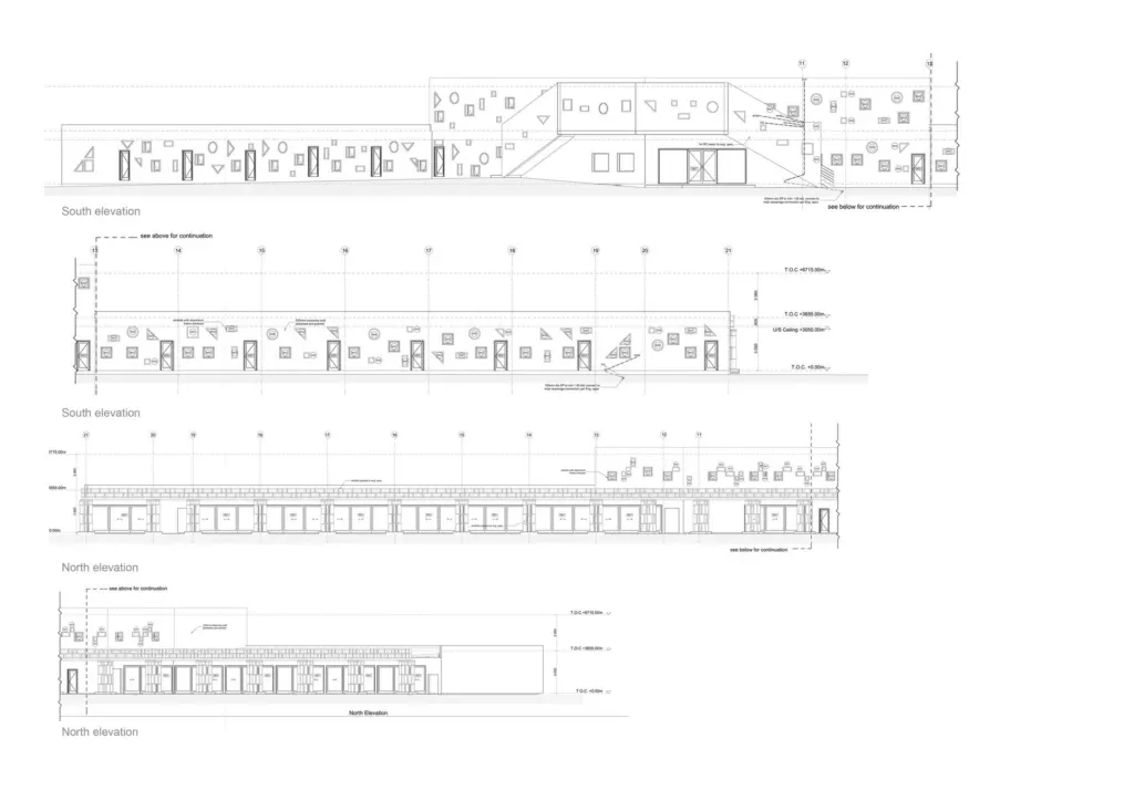 South and north elevations of King David Pre-Primary School, showing the patterned windows