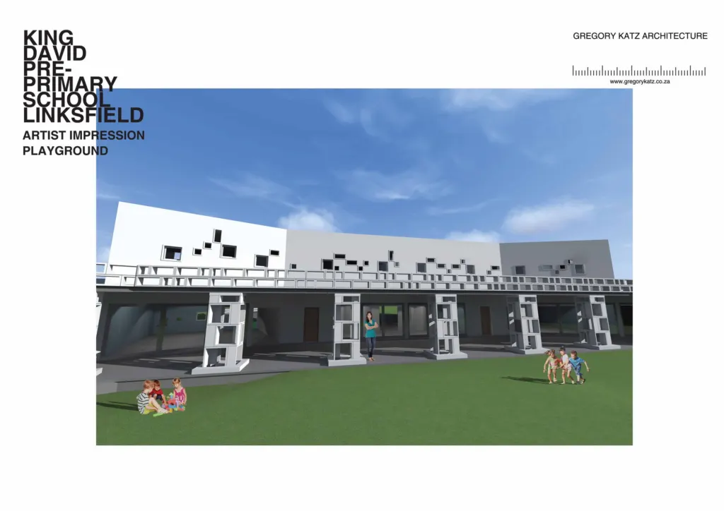Artist's impression of the playground at King David Pre-Primary School, with a pixelated pattern on the upper wall