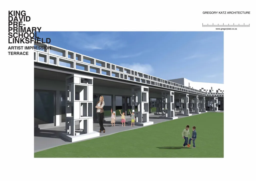 Artist's impression of the covered terrace at King David Pre-Primary School, a long concrete frame along a lawn
