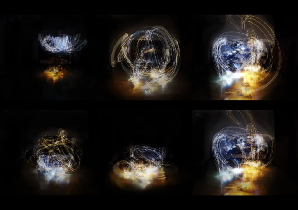 Six long-exposure photographs of a dancer tracing swirls of light in the dark