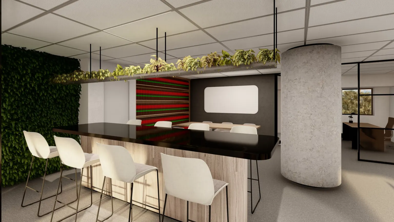 Render of the Lopes offices kitchen and breakaway area: a bar counter with white stools, a hanging planter and a round concrete column