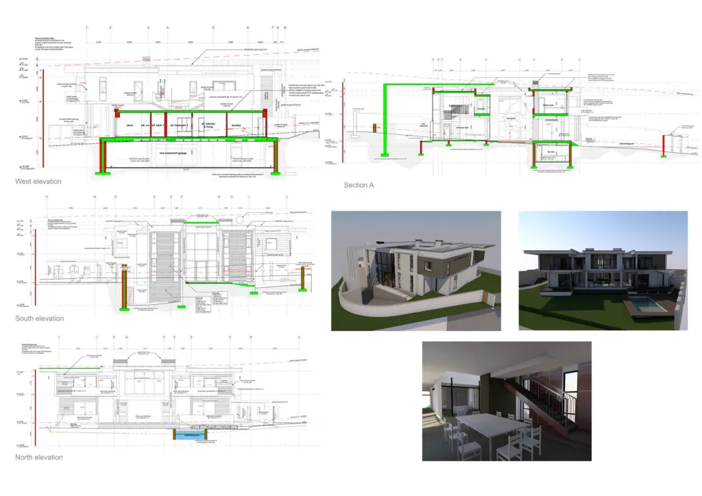 Elevations and sections of House Magid with three model views