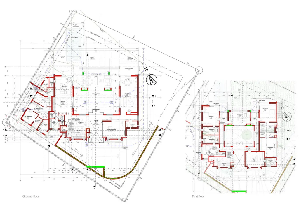 Ground and first floor plans of House Magid on its curved site, new walls in red