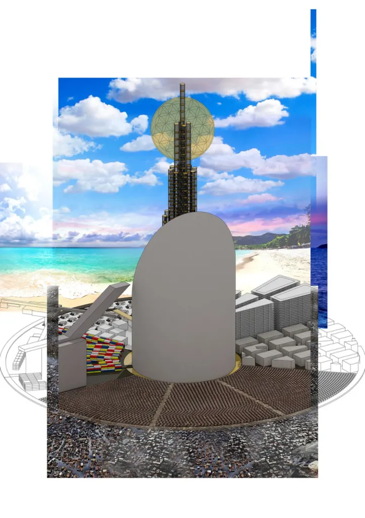 Collage of the tower's base rising from a beach, with a cut-away round plinth
