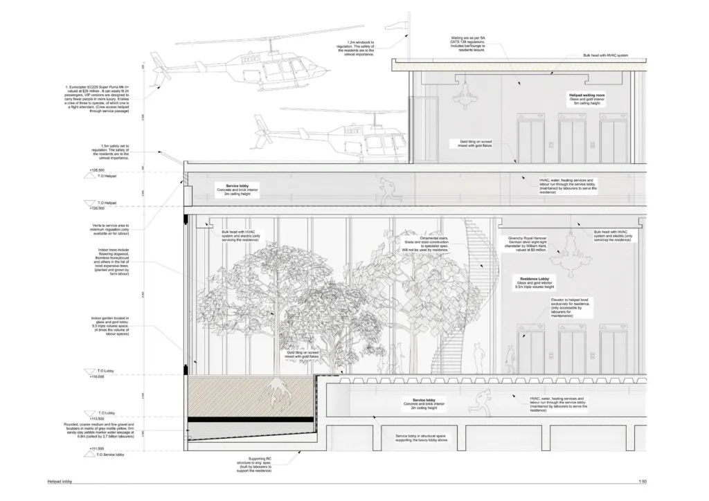 Construction section through the tower's upper floors, with annotations