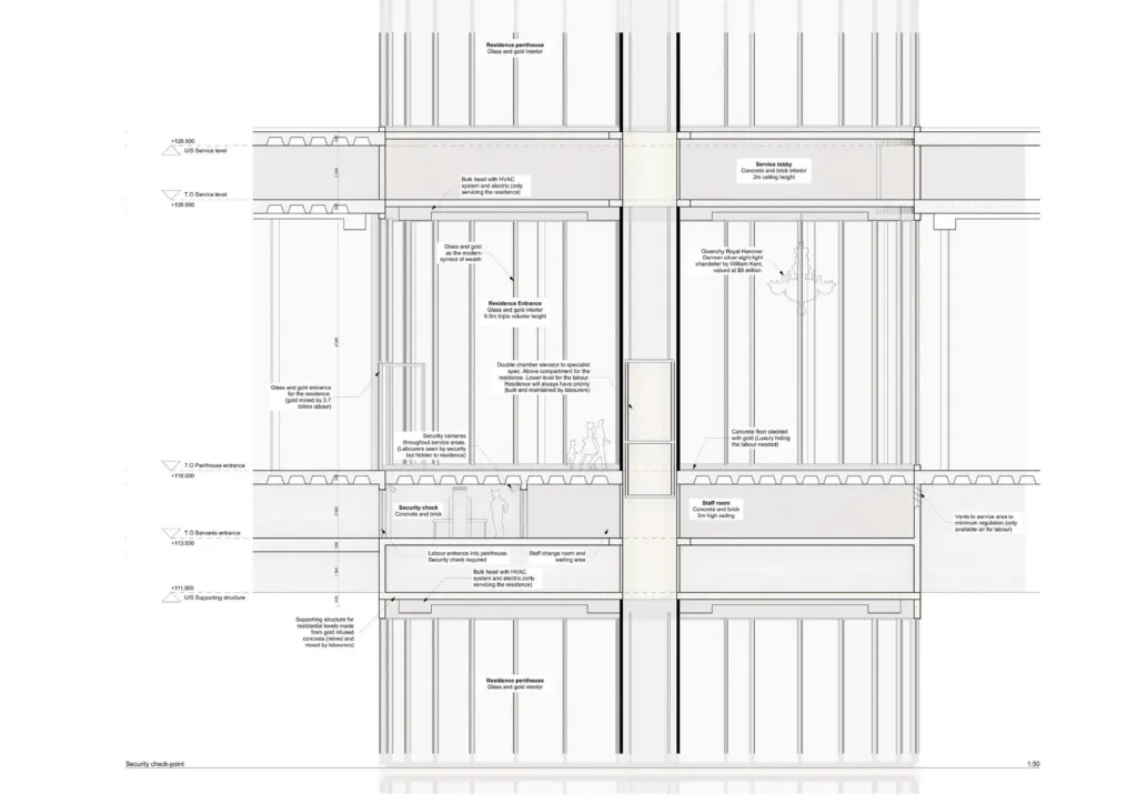 Construction section through a vertical circulation core of the tower