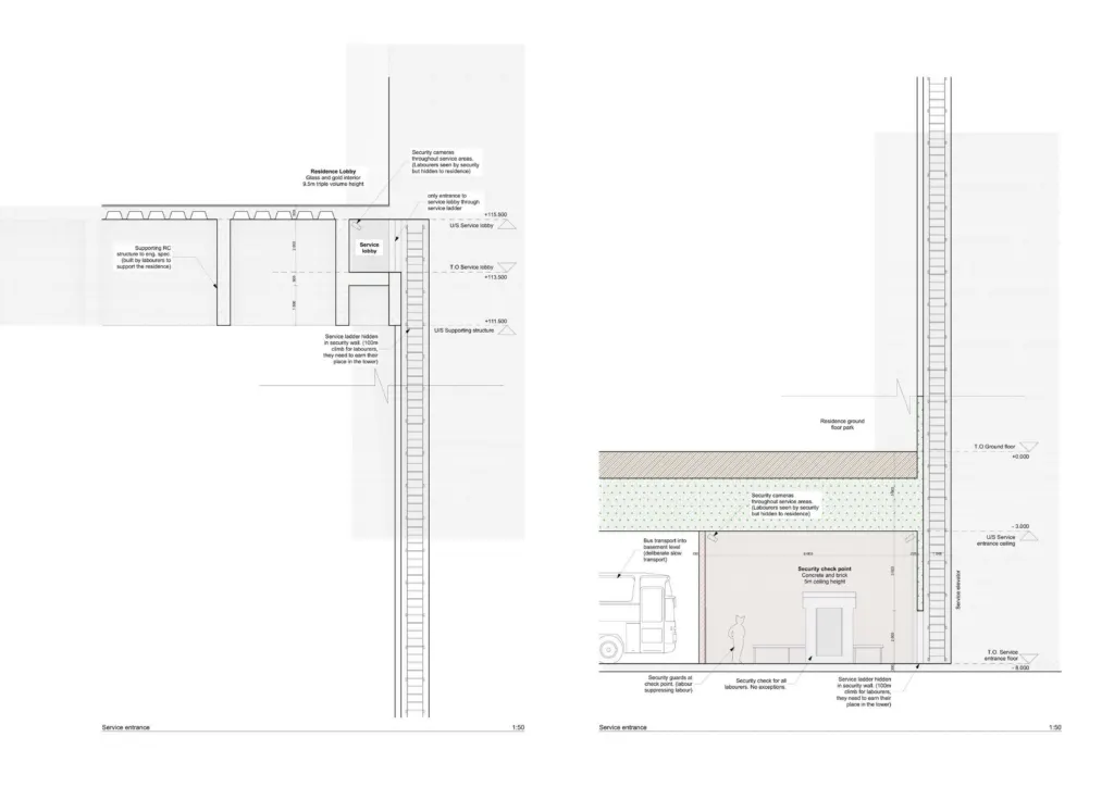 Construction details of the tower's shell and floor edge