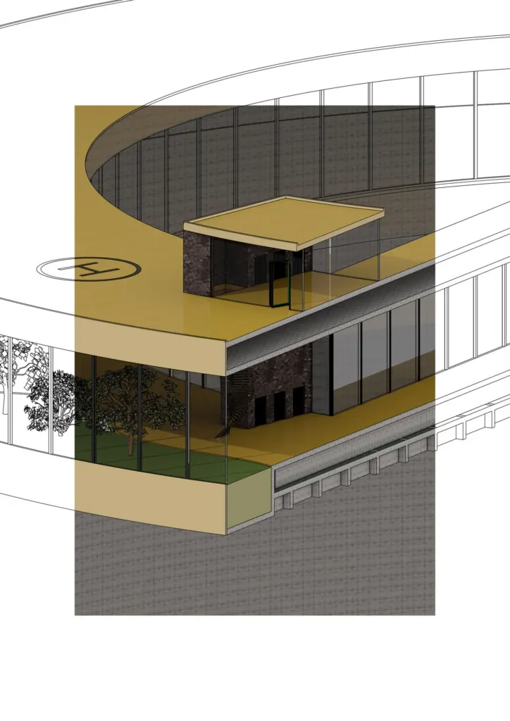 Axonometric of a penthouse floor with a rooftop helipad and gold interior