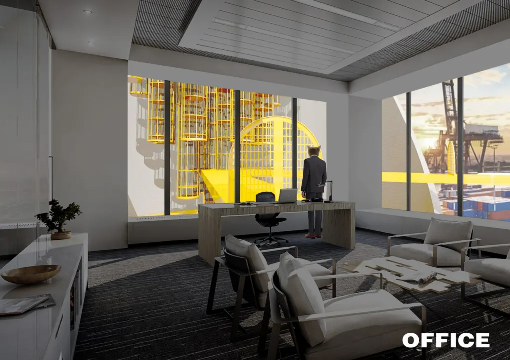 Collage titled Office: an executive office looking out over yellow scaffolding and port cranes, a suited figure at the window
