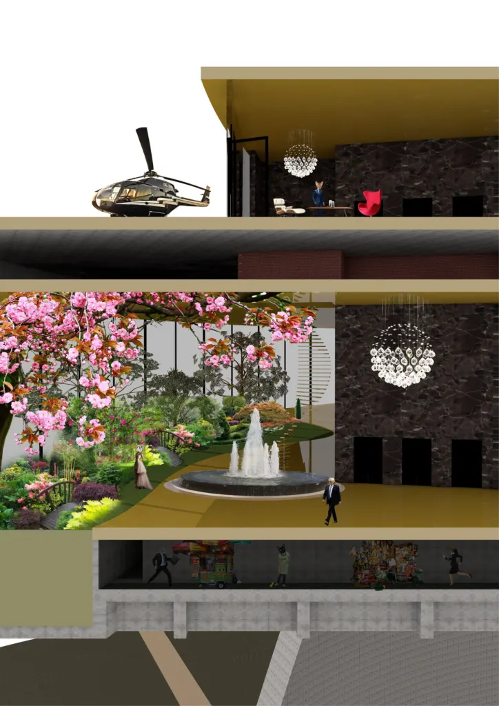 Perspective section of a penthouse level: a helicopter on the roof, a gold-lined lounge and a garden of pink blossom below