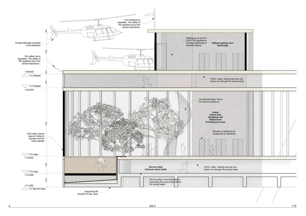 Detailed section drawing through the tower's upper levels, annotated with satirical notes about helicopters, trees and service routes