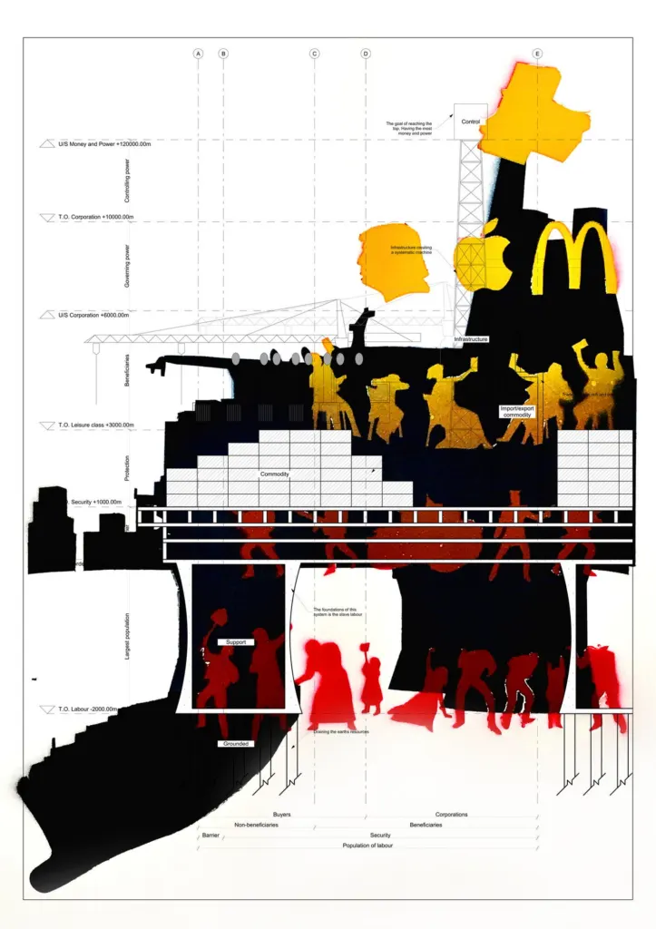 Spray-painted stencil artwork layered over an architectural drawing, with fast-food logos and red figures of workers
