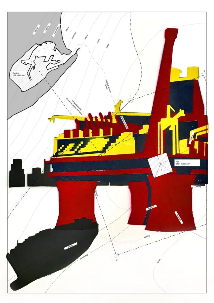Spray-painted stencil artwork of the city's industrial skyline in red, black and yellow over a site plan