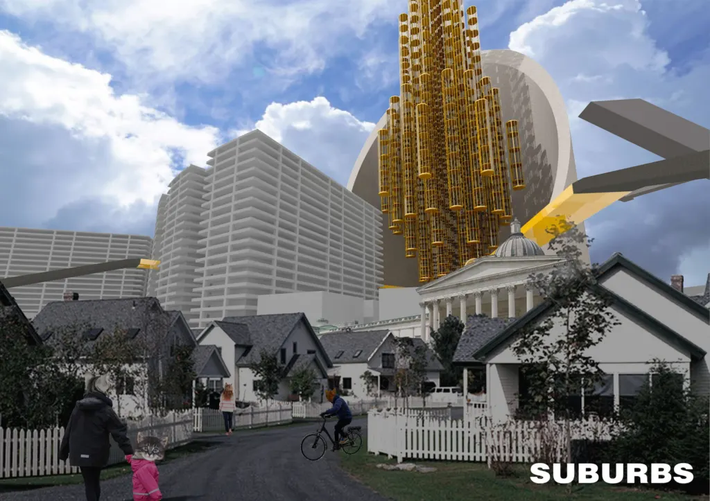 Collage titled Suburbs: picket-fenced houses beneath the gold tower and its suspended walkways