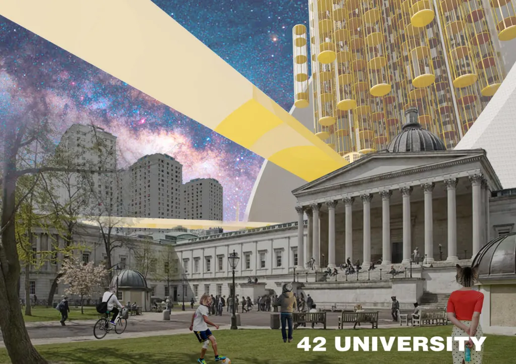 Collage titled 42 University: a classical university building beneath a starry sky and the gold tower