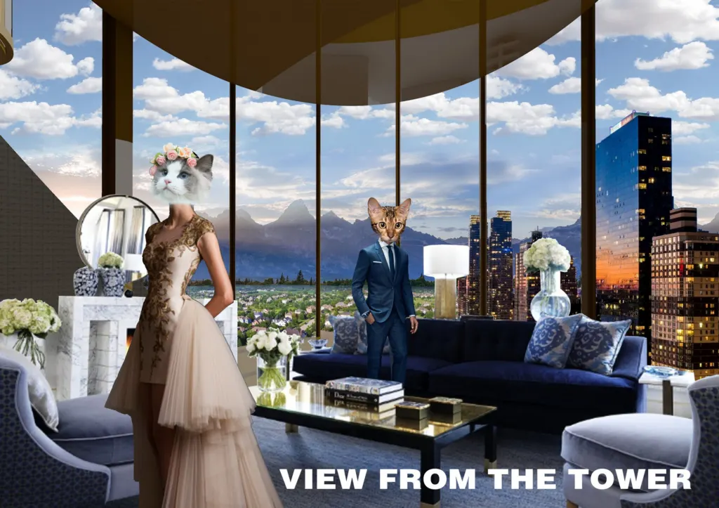 Satirical collage titled View from the Tower: two cat-headed figures in evening wear in a luxurious apartment above a city skyline