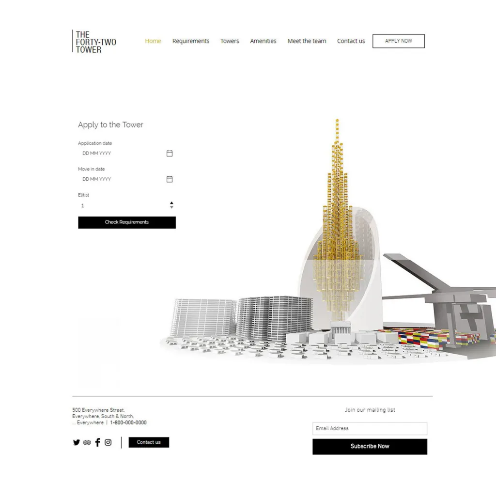 Screenshot of the fictional Forty-Two Tower website, with an application form for apartments in the tower