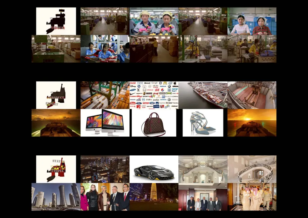 Stills from a video: luxury goods, a cityscape at night and people in a factory, cut together