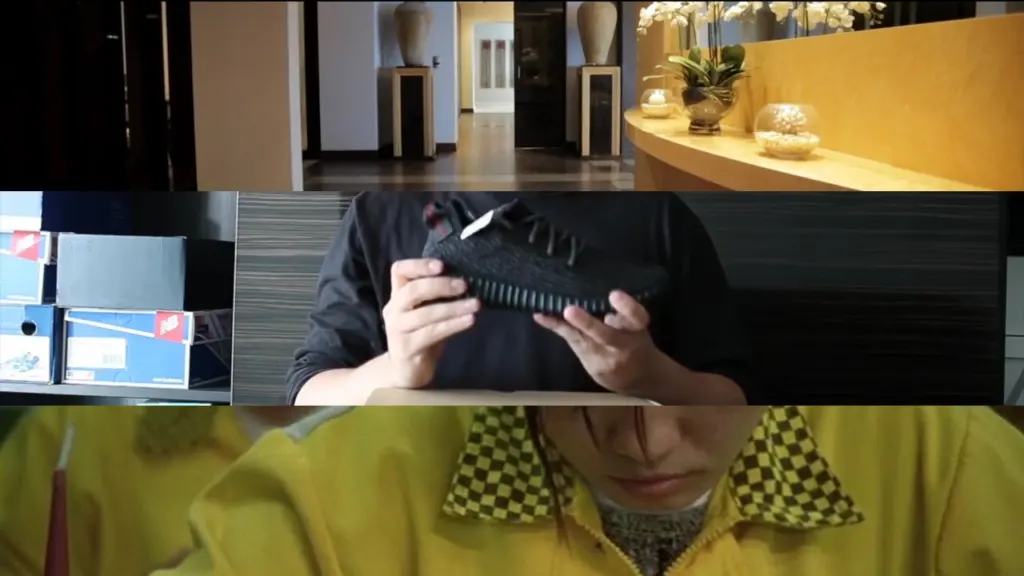 Stills from a video: a hotel lobby, a person holding a sneaker, a yellow uniform