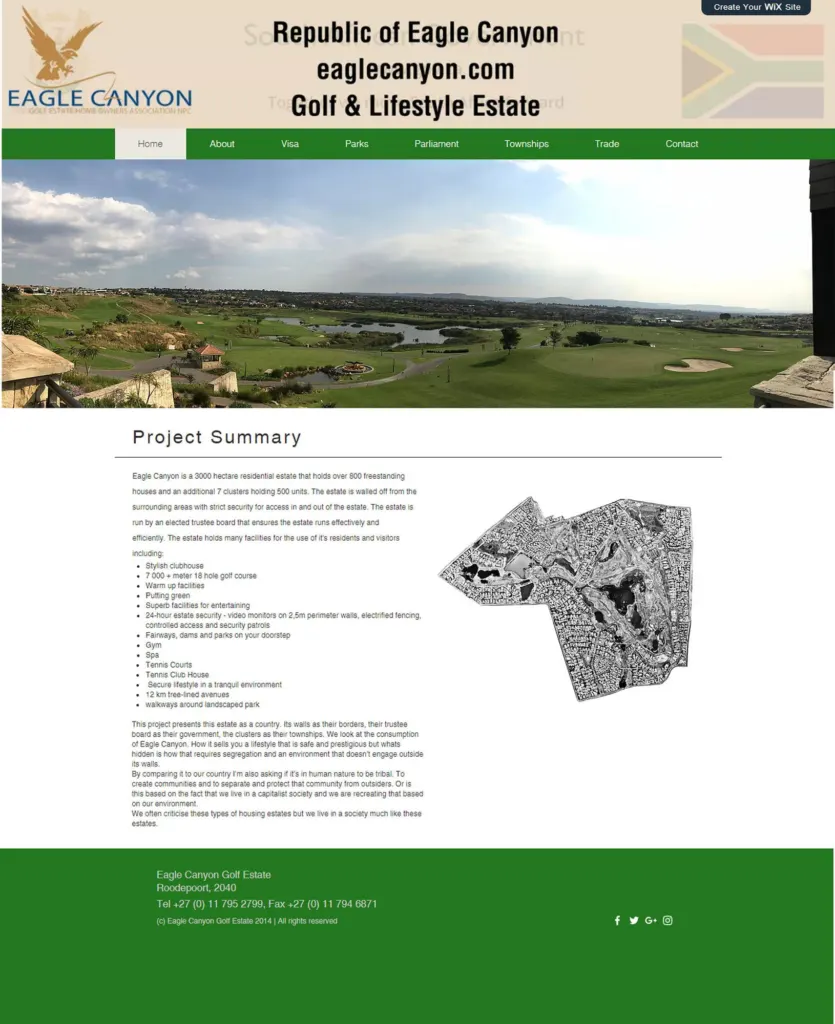Screenshot of a satirical website for the Republic of Eagle Canyon, styled after the golf estate's own site